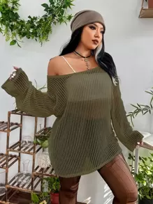 Flirla Plus Scoop Neck Open Knit Top Without Bra - Army Green - View 5