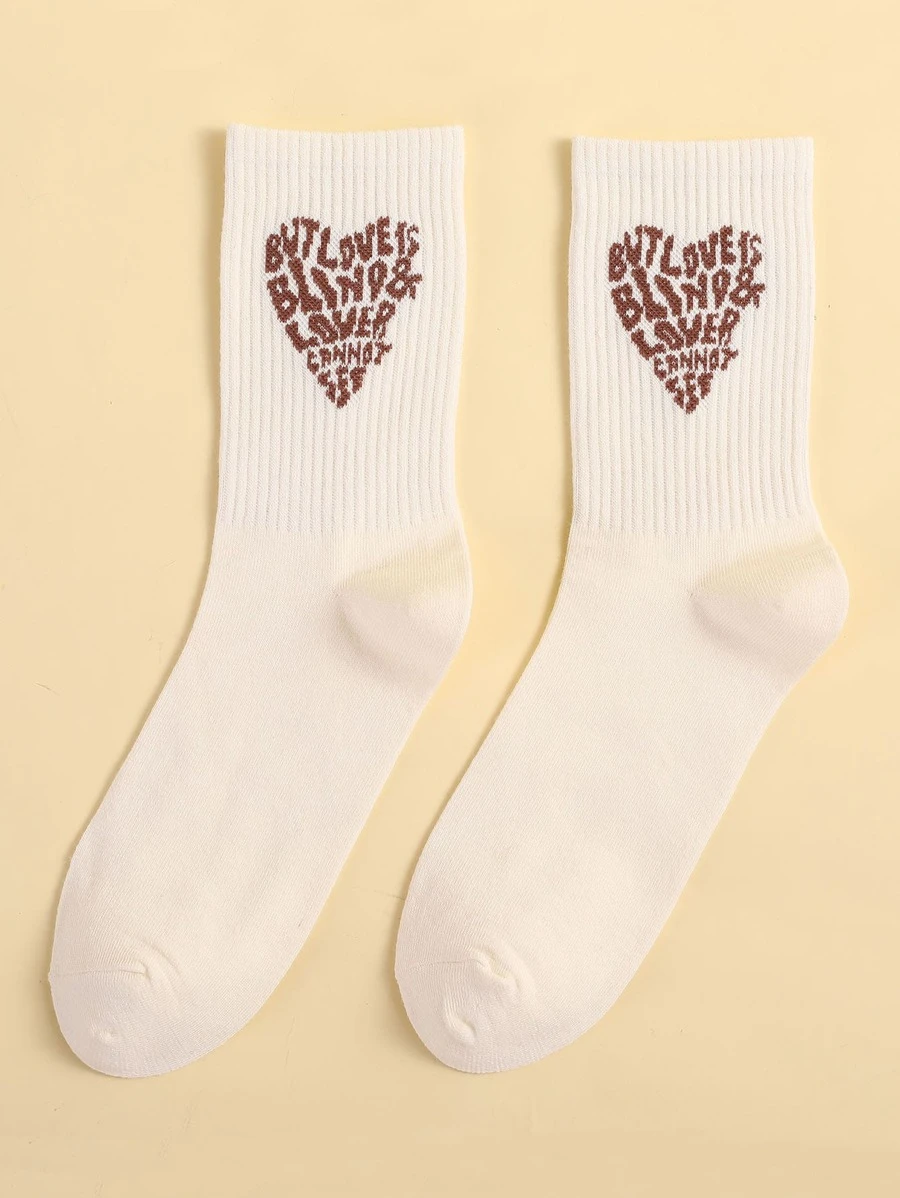 Slogan Graphic Crew Socks - Apricot - View 1