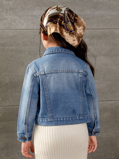 SHEIN Elladie kids Cô Gái Trẻ Retro Cơ bản Đau khổ Ngắn Áo khoác denim Đối với Mặc hàng ngày