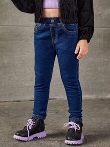 Young Girl Single Button Tapered Jeans - Dark Wash - View 4