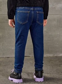 Young Girl Single Button Tapered Jeans - Dark Wash - View 2