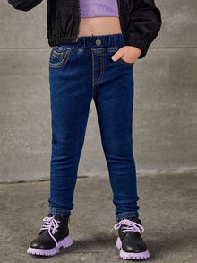 Young Girl Single Button Tapered Jeans - Dark Wash - View 3