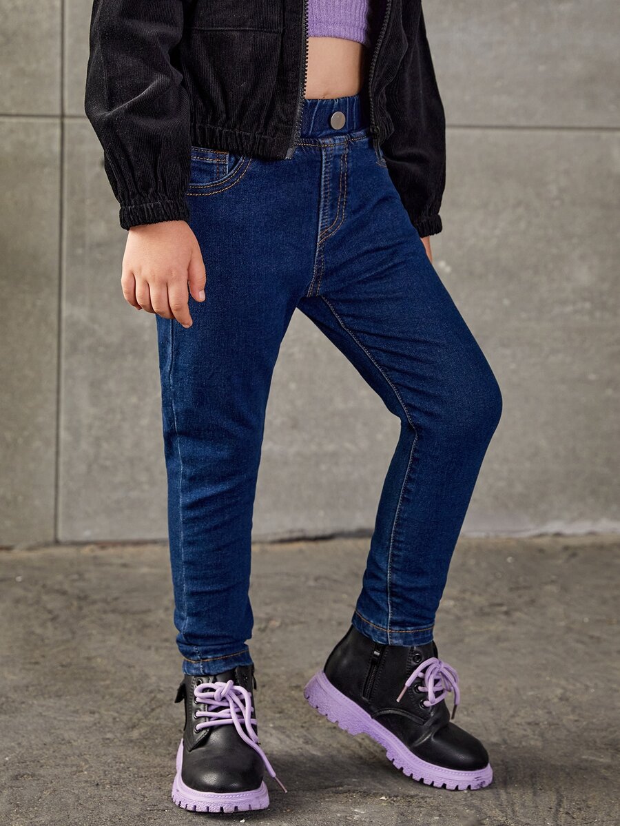 Young Girl Single Button Tapered Jeans - Dark Wash - View 1