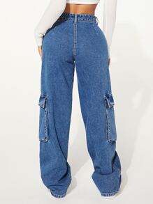 SHEIN SXY 側翻蓋口袋工裝牛仔褲 - 中等水洗藍 - 查看 2