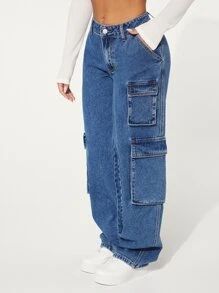 SHEIN SXY 側翻蓋口袋工裝牛仔褲 - 中等水洗藍 - 查看 4