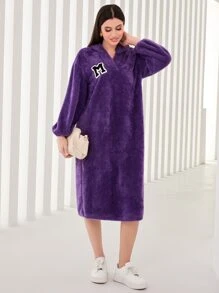 Seusyu 字母貼布落肩袖毛絨帽衫連衣裙 - 紫羅蘭色 - 查看 1