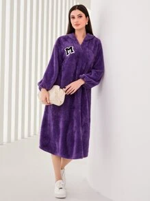 Seusyu 字母貼布落肩袖毛絨帽衫連衣裙 - 紫羅蘭色 - 查看 4