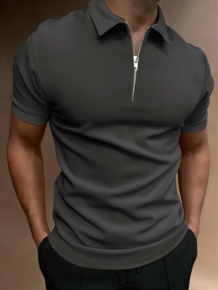 Manfinity Homme Hombres Camisa polo cremallera cuarta - Gris Oscuro - Ver 1