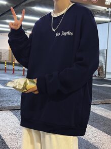 Manfinity EMRG Men Letter Graphic Drop Shoulder Thermal Lined Sweatshirt - Navy Blue - View 4