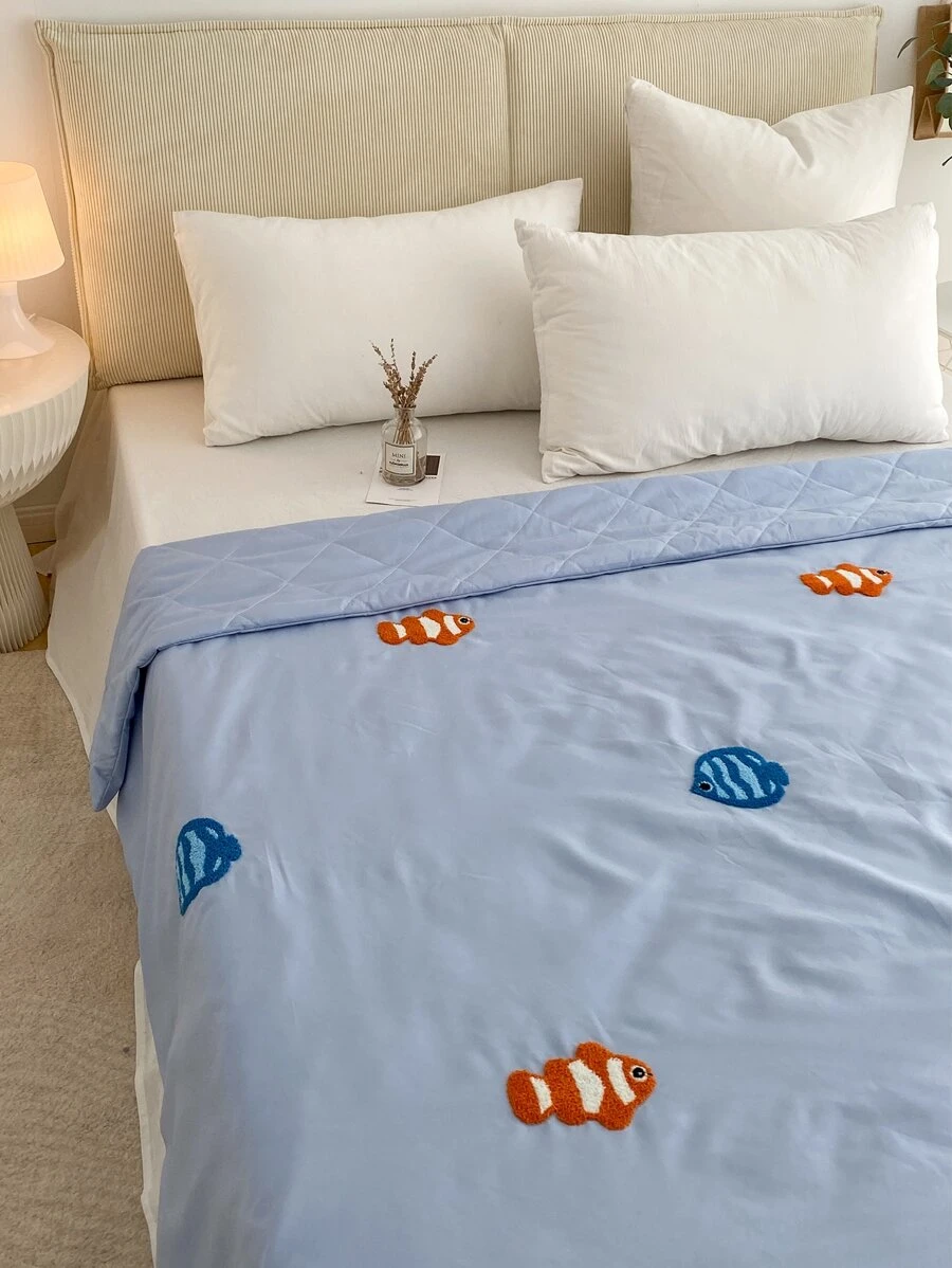 1pc Fish Embroidery Bedspread - Blue - View 1