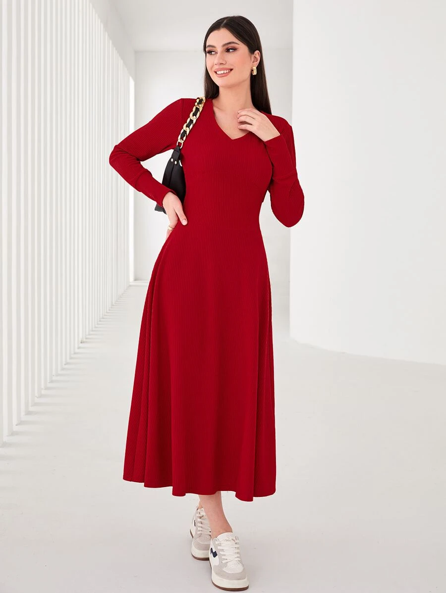 Mulvari Solid V Neck A-line Dress - Red - View 1