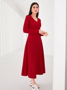 Mulvari Solid V Neck A-line Dress - Red - View 5
