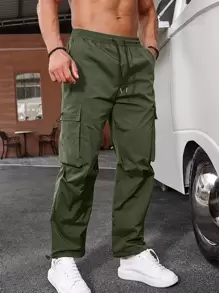 Manfinity EMRG Men Flap Pocket Drawstring Waist Cargo Trousers - Army Green - View 1