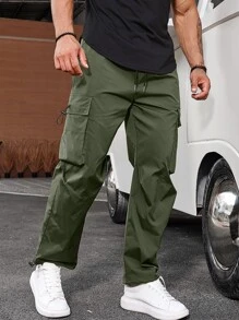 Manfinity EMRG Men Flap Pocket Drawstring Waist Cargo Trousers - Army Green - View 4
