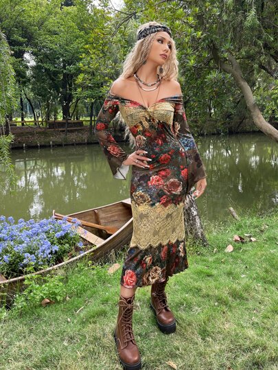 Vestido grunge con estampado floral de hombros descubiertos girante delantero con encaje