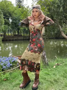 ROMWE PUNK 頹廢搖滾印花一字肩前扭結蕾絲連衣裙 - 彩色 - 查看 6