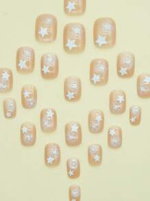 使用24入組短方形星星圖案假指甲和1入組指甲銼和1張膠帶立即升級您造型
