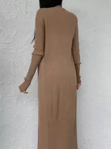 EURMUSE Ribbed Knit Jumper Dress & Cardigan - Camel - View 2