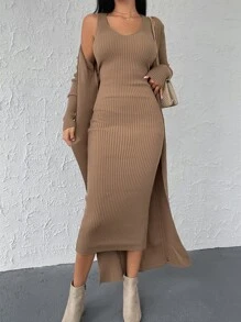 EURMUSE Ribbed Knit Jumper Dress & Cardigan - Camel - View 3