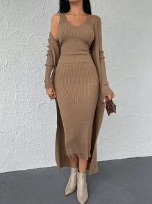 EURMUSE Ribbed Knit Jumper Dress & Cardigan - Camel - View 4