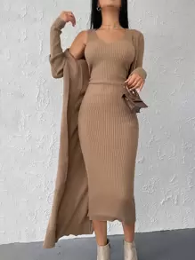 EURMUSE Ribbed Knit Jumper Dress & Cardigan - Camel - View 5