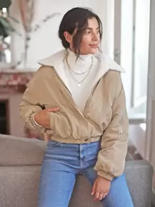 SHEIN Frenchy Borg Collar Zip Up Jacket Winter Casual - Apricot - View 1