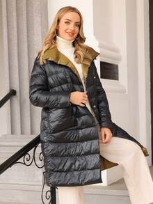 Cazadora acolchada de doble botonadura unicolor - Negro - Ver 4