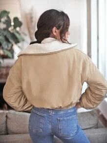 SHEIN Frenchy Borg Collar Zip Up Jacket Winter Casual - Apricot - View 2