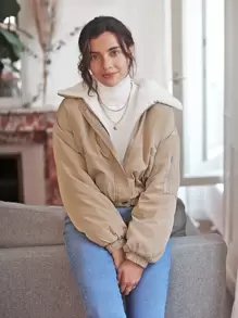 SHEIN Frenchy Borg Collar Zip Up Jacket Winter Casual - Apricot - View 3