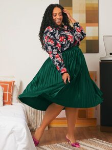 SHEIN CURVE+ Plus Elastic Waist Pleated Skirt - Dark Green - View 5