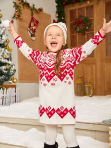 SHEIN Toddler Girls 1pc Christmas Pattern Jumper Dress - Red and White - View 3