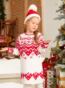 SHEIN Toddler Girls 1pc Christmas Pattern Jumper Dress - Red and White - View 4
