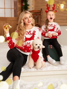 1pc Christmas Pattern Drop Shoulder Sweater - Red and White - View 3