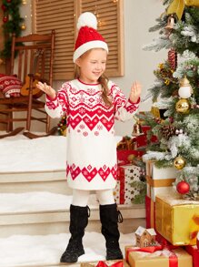SHEIN Toddler Girls 1pc Christmas Pattern Jumper Dress - Red and White - View 5