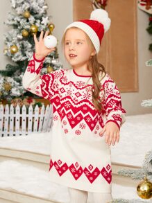 SHEIN Toddler Girls 1pc Christmas Pattern Jumper Dress - Red and White - View 6