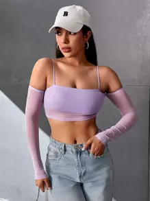 SHEIN PETITE Cold Shoulder Mesh Crop Top - Lilac Purple - View 1