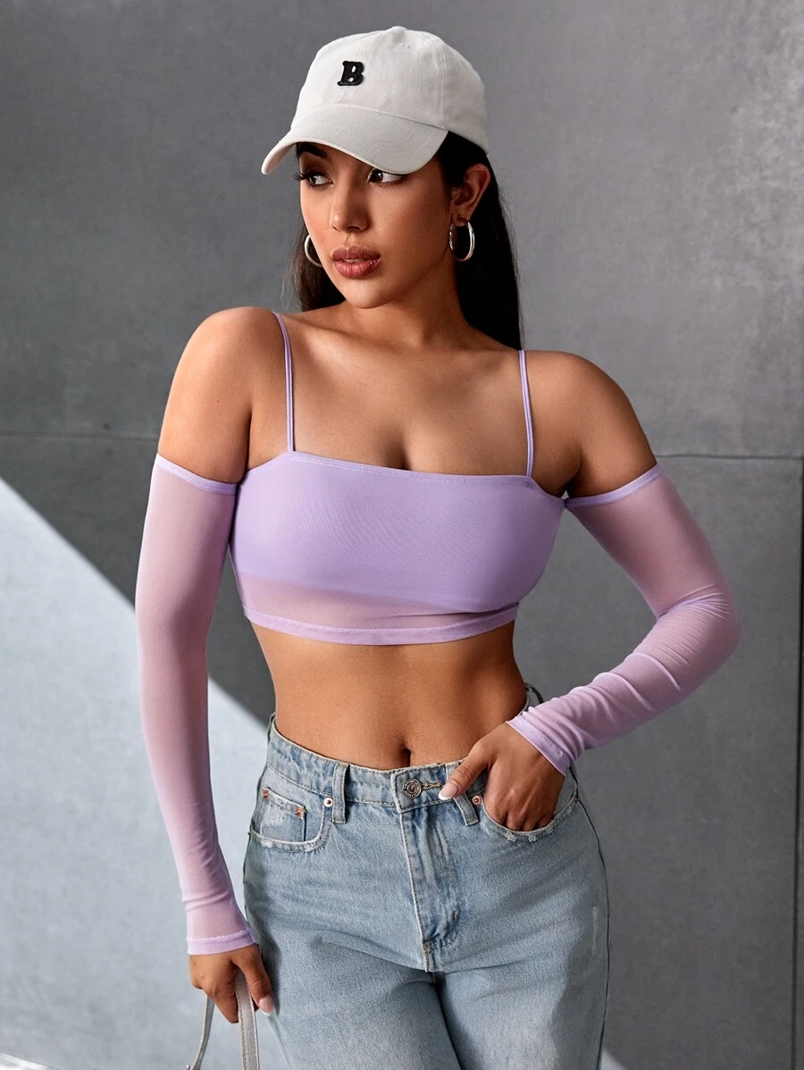 SHEIN PETITE Cold Shoulder Mesh Crop Top - Lilac Purple - View 1