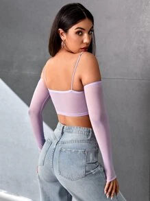 SHEIN PETITE Cold Shoulder Mesh Crop Top - Lilac Purple - View 2