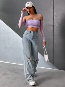 SHEIN PETITE Cold Shoulder Mesh Crop Top - Lilac Purple - View 4