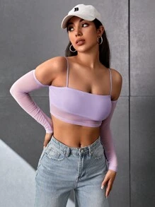 SHEIN PETITE Cold Shoulder Mesh Crop Top - Lilac Purple - View 5