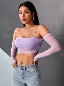 SHEIN PETITE Cold Shoulder Mesh Crop Top - Lilac Purple - View 6