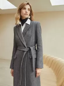 MOTF PREMIUM 羊毛混紡直筒腰帶花呢外套 - 深灰色 - 查看 5