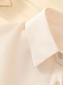 1pc Ladies' Beige Chiffon Faux Collar Half Shirt Style Jumpsuit With Pointed Collar, Suitable For Daily Wear