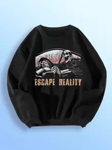 doppaintid Grunge Punk 字母骷髏頭圖案運動衫 - 黑色 - 查看 1