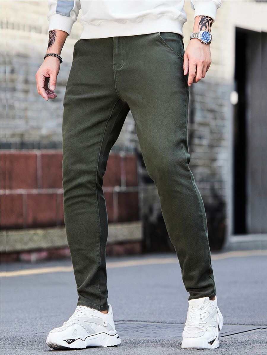 Manfinity Men Solid Skinny Jeans - Army Green - View 1