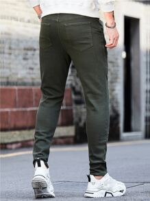 Manfinity Men Solid Skinny Jeans - Army Green - View 2