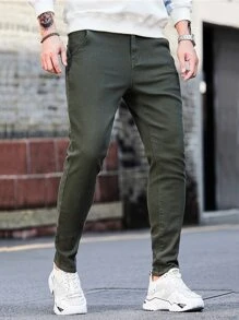 Manfinity Men Solid Skinny Jeans - Army Green - View 3