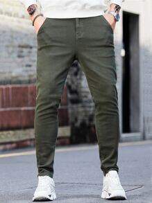 Manfinity Men Solid Skinny Jeans - Army Green - View 4