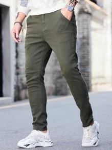 Manfinity Men Solid Skinny Jeans - Army Green - View 5