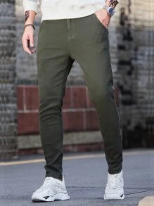 Manfinity Men Solid Skinny Jeans - Army Green - View 7
